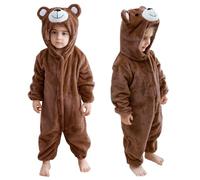 COOKY.D Monos para Bebé de Franela Unisex Cierre con Botones a Presión Traje de Nieve Suave y Cómodo de Animal para Recién Nacidos，Oso Marrón 30-36 Meses