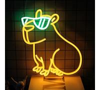Cool Capybara - Letrero de neón con gafas, letreros LED amarillos y verdes para pared, luces de neón de dibujos animados para dormitorio, luz nocturna de neón Capybara para habitación de los niños,