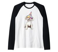 Cool Dog in Party Hat Gafas de Sol Alegre canino Camiseta Manga Raglan