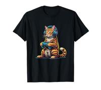 Cool Gamer Cat con Controlador de Auriculares para Hombres, Mujeres y niños Camiseta