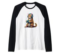 Cool Gamer Cat con Controlador de Auriculares para Hombres, Mujeres y niños Camiseta Manga Raglan