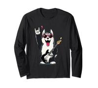 Cool Husky Dog Rock Music Guitarrista Diseño Manga Larga