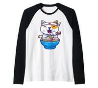 Cool Japanese Ramen Cat Illustration Novelty Graphic Designs Camiseta Manga Raglan