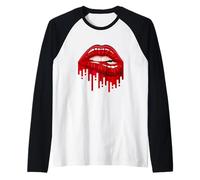 Cool Men's Women's Bold Red Biting Lips Graphic Short Sleeve Camiseta Manga Raglan