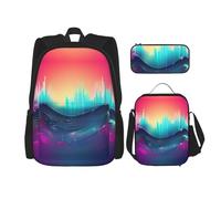 Cool Music - Mochilas de estudio con diseño de ondas sonoras, con lonchera, estuche de lona, bolsa de viaje para estudiantes de primaria, Black, Talla única, Juego de mochila escolar