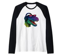 Cool Retro T-Rex Dino con auriculares Camiseta Manga Raglan