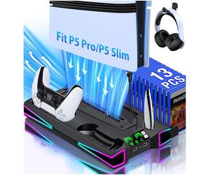 Cool RGB LED PS5 Stand and PS5 Cooling Station with Dual Controller Charging, 3 Adjustable Speeds PS5 Fan Cooler for PS5/PS5 Slim,Playstation 5 PS5 Accessories with Headset Holder and Storage Slots