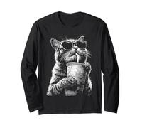 Cool Tabby Cat Bebiendo Café Helado Divertido Meme y2k Grunge Manga Larga