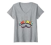 Cool Uncle Club Retro Bigote Estrellas Orgullo Familia Camiseta Cuello V, Mujer, Gris Jaspeado, S