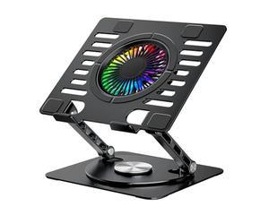 CoolAir - Soporte Portátil con Ventilador Silencioso RGB de 11cm, Base Ajustable en Altura y Giro 360º, Refrigerador Portátil con Velocidad Ajustable, Tablets/Portátiles hasta 17.3". Aluminio, Negro