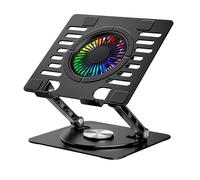 CoolAir - Soporte Portátil con Ventilador Silencioso RGB de 11cm, Base Ajustable en Altura y Giro 360º, Refrigerador Portátil con Velocidad Ajustable, Tablets/Portátiles hasta 17.3". Aluminio, Negro