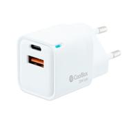 CoolBox Cargador USB 2 Puertos 20W con Tecnología GAN, QuickCharge 3.0 + PowerDelivery, USB-A + USB-C, Compatible con iPhone/iPad/Galaxy/Xiaomi. Formato Ultra Compacto, Color Blanco