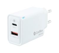 CoolBox Cargador USB C + USB A 45W con Tecnología GAN, QuickCharge 3.0 + PowerDelivery, Compatible con iPhone/iPad/Galaxy/Xiaomi. Formato Ultra Compacto, Color Blanco
