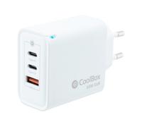 CoolBox Cargador 2 x USB C + USB A 65W con Tecnología GAN, QuickCharge 3.0 + PowerDelivery, Compatible con iPhone/iPad/Galaxy/Xiaomi. Formato Ultra Compacto, Color Blanco