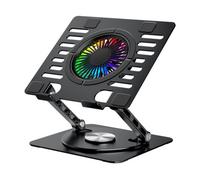 CoolAir - Soporte Portátil con Ventilador Silencioso RGB de 11cm, Base Ajustable en Altura y Giro 360º, Refrigerador Portátil con Velocidad Ajustable, Tablets/Portátiles hasta 17.3". Aluminio, Negro