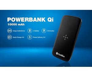CoolBox Power Bank 10000mah con Carga Inalámbrica Qi + Carga por Cable USB-C o USB-A, Carga Rápida QuickCharge 4.0 + PowerDelivery 3.0, Incluye Cable de Carga microUSB. Color Negro