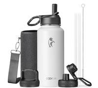 Coolflask Botella de agua de 32 onzas aislada con popote, metal de acero inoxidable, 3 tapas, botella de agua de boca ancha para deportes u oficina, sin BPA, mantiene el frío hasta 48 horas o caliente