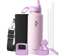 Coolflask Botella de agua de 40 onzas aislada con popote, metal de acero inoxidable, 3 tapas, termo de agua para deportes u oficina, mantiene el frío 48 horas y caliente 24 horas, color rosa