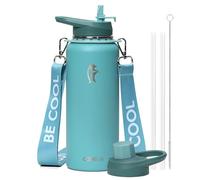 Coolflask Botella de agua de 40 onzas con correa, termo de agua de metal aislado con popote y tapas de boquilla, aspiradora de doble pared de acero inoxidable, mantiene el frío 48 horas y el calor 24