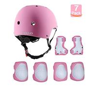 COOLGO Casco Bici Niño, 7 In 1 Set de protección para niños, Casco y Coderas, Rodilleras, para IR con Patines, Bici, Patineta o Patinete (Rosado)