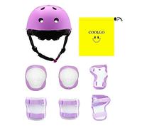 COOLGO Juego de casco y almohadilla de bicicleta para niños de 3 a 8 años, casco ajustable, rodilleras, coderas, muñequeras para patinaje en línea, ciclismo, rosa (morado)