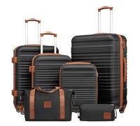 COOLIFE Juego de maletas con ruedas, de plástico ABS, rígida, de viaje, 4 ruedas, candado TSA retráctil, incluye 1 bolsa de viaje y 1 neceser, negro/marrón, Koffer-Set 6tlg, Maleta rígida con cierre