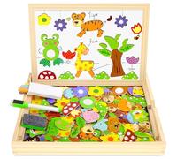 COOLJOY 100 pcs Puzzles de Madera, Juguete Educativo con Pizarra Magnética para Dibujo de Doble Cara, Juguete Educativo para Rompecabezas para NIños de 3 4 5 Años