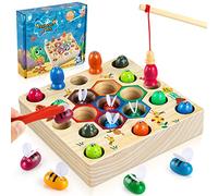 COOLJOY Juego de Pescar, con Peces Magnéticos de Madera, Juguete Educativo Montessori, Regalo para Niño 3 a 5 Años