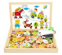 COOLJOY Puzzles de Madera, Juguete Educativo con Pizarra Magnética para Dibujo de Doble Cara, Rompecabezas para NIños de 3 4 5 Años (Animales en La Granja)