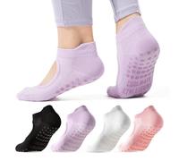 COOLMATE Pilates Socks with Grips for Women, Yoga Socks, Crew Non Slip Women for Workout, Barre, Pilates Gifts(4 Pairs) (US, Numeric, 6, 10, Regular, Regular, Pink/White/Light Purple/Black)