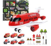 Coolplay Juego de juguetes de avión de rescate con aviones rojos, mini camiones de bomberos para niños, regalo de coche pequeño con señales de tráfico para niños pequeños de 3 años