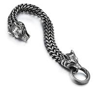 COOLSTEELANDBEYOND Acero Brazalete del Lobo Cabeza, Enlace Franco, Cadena Barbada, Pulsera de Hombre, con Cierre Mosquetón, Acabado Rugoso