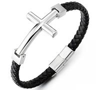 COOLSTEELANDBEYOND Acero Inoxidable Lado Horizontal Lateral Cruz Negro Trenzado Cuero Genuinode Pulsera, Brazalete Hombre Mujer