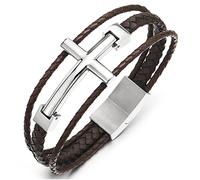 COOLSTEELANDBEYOND Acero Lado Horizontal Lateral Cruz Tres Filas Marrón Trenzado Cuero Genuinode Pulsera, Brazalete Hombre