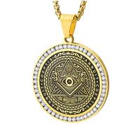 COOLSTEELANDBEYOND Círculo Colgante Ojo de Dios que Todo Lo ve de Dentro Triángulo Pirámide, Oro Negro con Circonio Cúbico, Hombre Collar