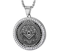 COOLSTEELANDBEYOND Círculo Colgante Ojo de Dios que Todo Lo ve de Dentro Triángulo Pirámide, Plata Negro con Circonio Cúbico, Hombre Collar