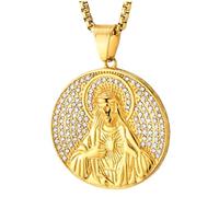 COOLSTEELANDBEYOND Collar Jesús Dorado Hombre, Medallón Redondo de Corazón Sagrado en Acero con Piedras Brillantes, Joyería de Fe Hip Hop