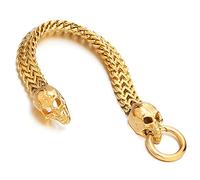 COOLSTEELANDBEYOND Gótico Biker Oro Brazalete del Cráneo Enlace Franco Cadena Barbada, Pulsera de Hombre, Acero Inoxidable con Cierre Mosquetón