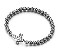 COOLSTEELANDBEYOND Gris Negro Pulsera de Perlas de Mujer, Brazalete con Zirconio Cúbico Iado Horizontal Cruz