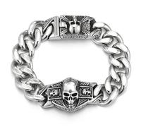 COOLSTEELANDBEYOND Hombre Acero Inoxidable Cadena Barbada Grande Cráneo ID Identificación Pulsera Brazalete, Cráneo Charm Cierre