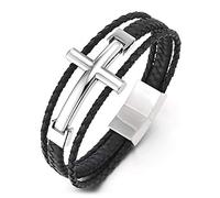 COOLSTEELANDBEYOND Hombre Acero Inoxidable Lado Horizontal Lateral Cruz Tres Filas Negro Trenzado Cuero Pulsera, Brazalete