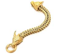 COOLSTEELANDBEYOND Hombre Acero Oro Cuadrado Enlace Franco Cadena Barbada Brazalete, Pulsera, Dragón Cabeza con Escala Claveteado Cuerno
