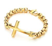 COOLSTEELANDBEYOND Hombre Mujer Color Oro Acero Lado Horizontal Lateral Cruz-Cruce Cadena Enlace Pulsera, Brazalete, Pulido