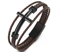 COOLSTEELANDBEYOND Negro Acero Inoxidable Lado Horizontal Lateral Cruz Tres Filas Marrón Trenzado Cuero Genuinode Pulsera, Brazalete Hombre