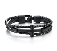 COOLSTEELANDBEYOND Negro Iado Horizontal Lateral Cruz Tres Filas Pulsera, Pulsera Trenzado Cuero de Hombre Mujer