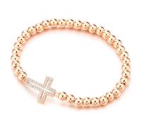 COOLSTEELANDBEYOND Oro Rosa Pulsera de Perlas de Mujer, Brazalete con Zirconio Cúbico Iado Horizontal Cruz