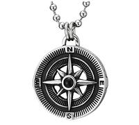 COOLSTEELANDBEYOND Pequeño Vintage Brújula Círculo Medalla Collar con Colgante con Negro Piedras, Hombre Mujer, Acero, Bola Cadena 60CM