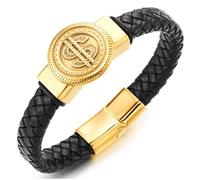 COOLSTEELANDBEYOND Pulsera de Cuero Trenzado Negro para Hombre con Medallón de Signo de Dólar en Acero Dorado - Joyería Hip Hop Audaz
