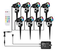 COOLWEST RGB Focos LED Exterior con Sensor de Luz, 20M 8x3W Luz Exterior Jardin Impermeable IP65, 24V Lámpara de Jardín con Mando a Distancia y Temporizador para Césped Camino, Halloween, Navidad