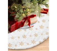 COOLWUFAN 48 Inches/122CM Falda para Arbol de Navidad para Decoraciones de Fiesta de Navidad de Arbol de Navidad Copo de Nieve de Lentejuelas Dorado de Felpa Blanca
